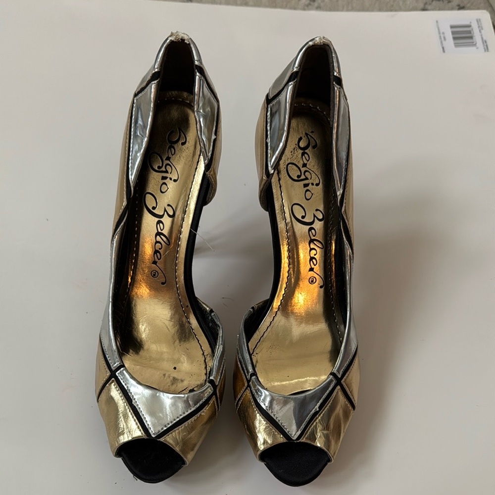 Sergio Zelcer Gold and Silver Peep Toe platform Heels